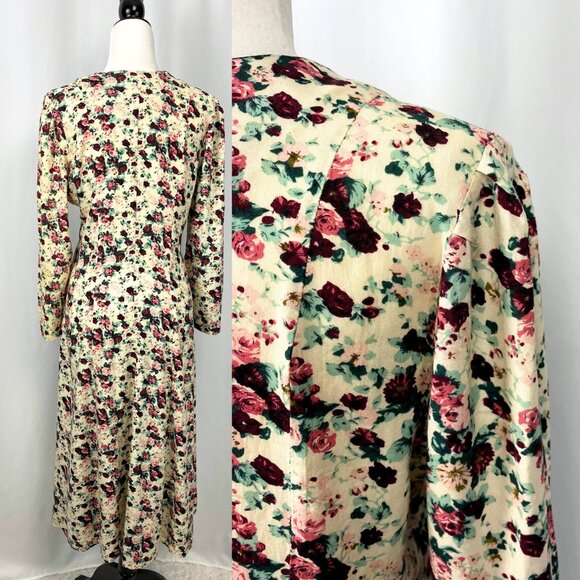 Vintage 90s cream floral rose grunge button up midi fit and flare dress medium - Picture 3 of 6